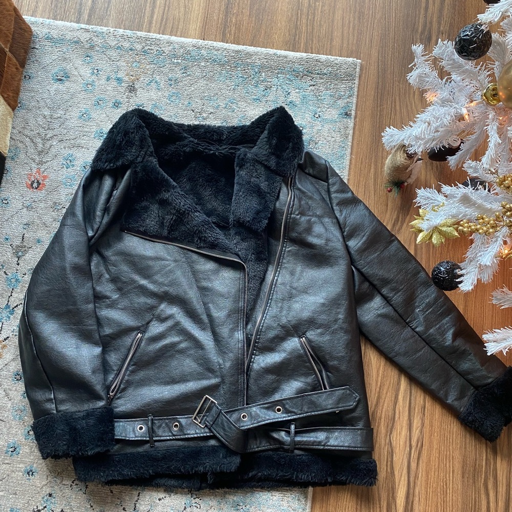 Oversized faux fur & leather biker jacket
